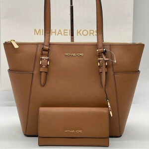 Michael Kors Large Charlotte Tote Bag & Trifold Wallet Luggage Brown